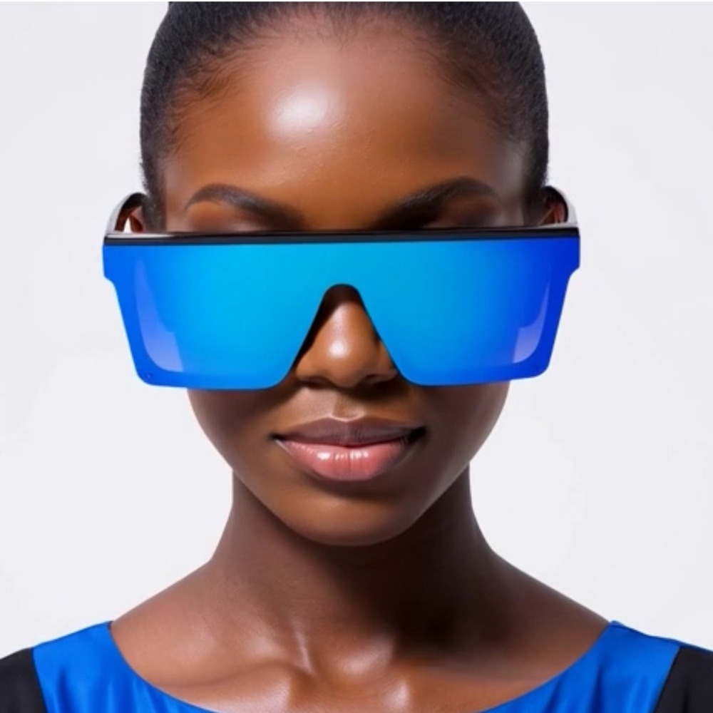 Shield Sunglasses Flat Top Oversized Blue Mirrored Lens Fashion Sunglasses Gafas - Picture 10 of 12